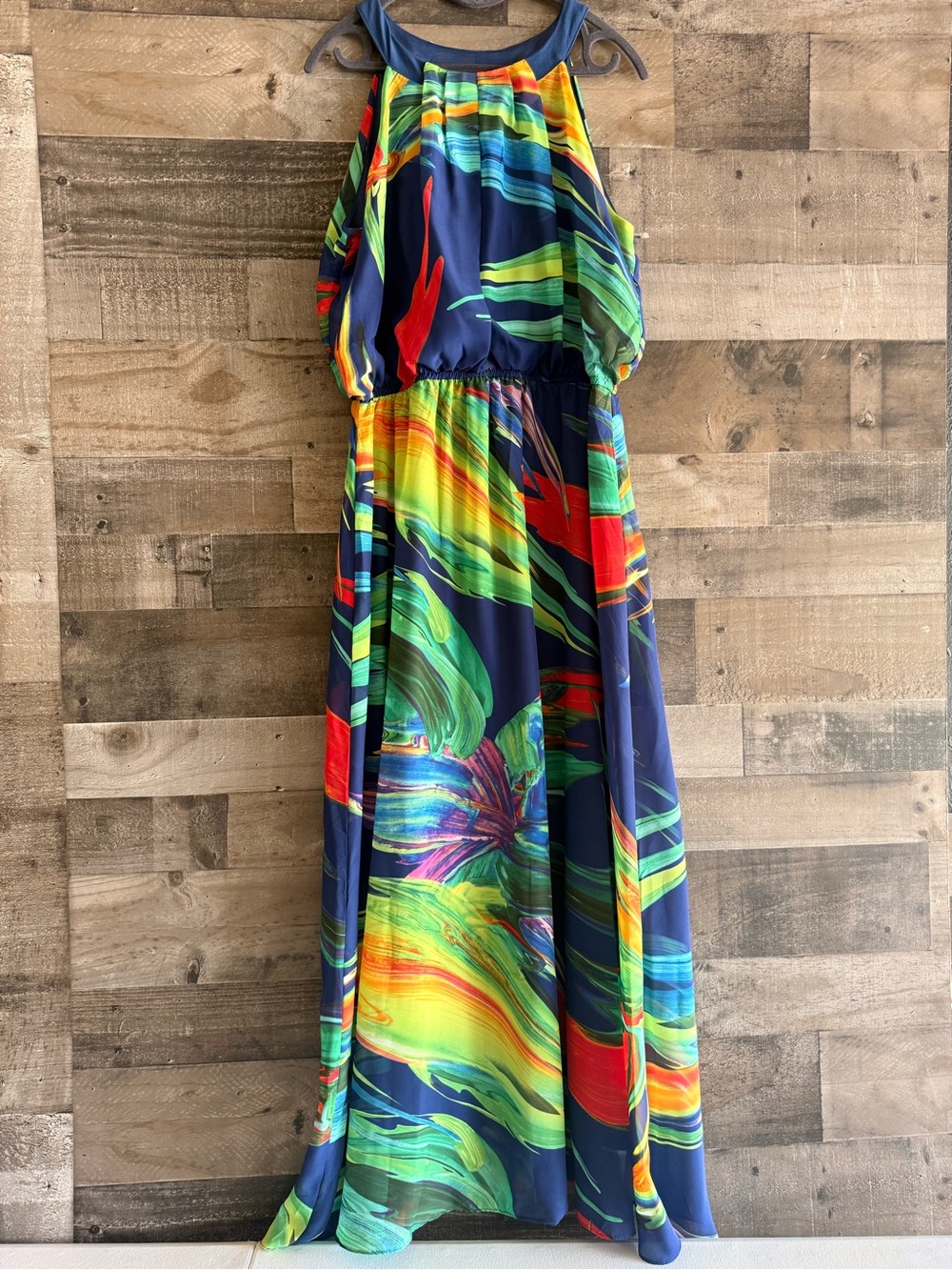 Signature by Robbie Bee Blue Dress with Multicolor Stripe Accent
